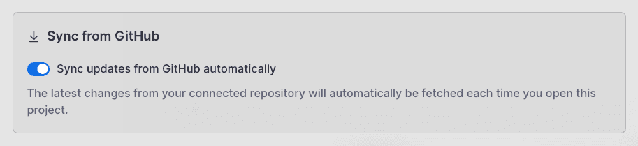 By default, connected repos are auto-synced with the GitHub repo but this can be disabled if you want to manually sync instead.
